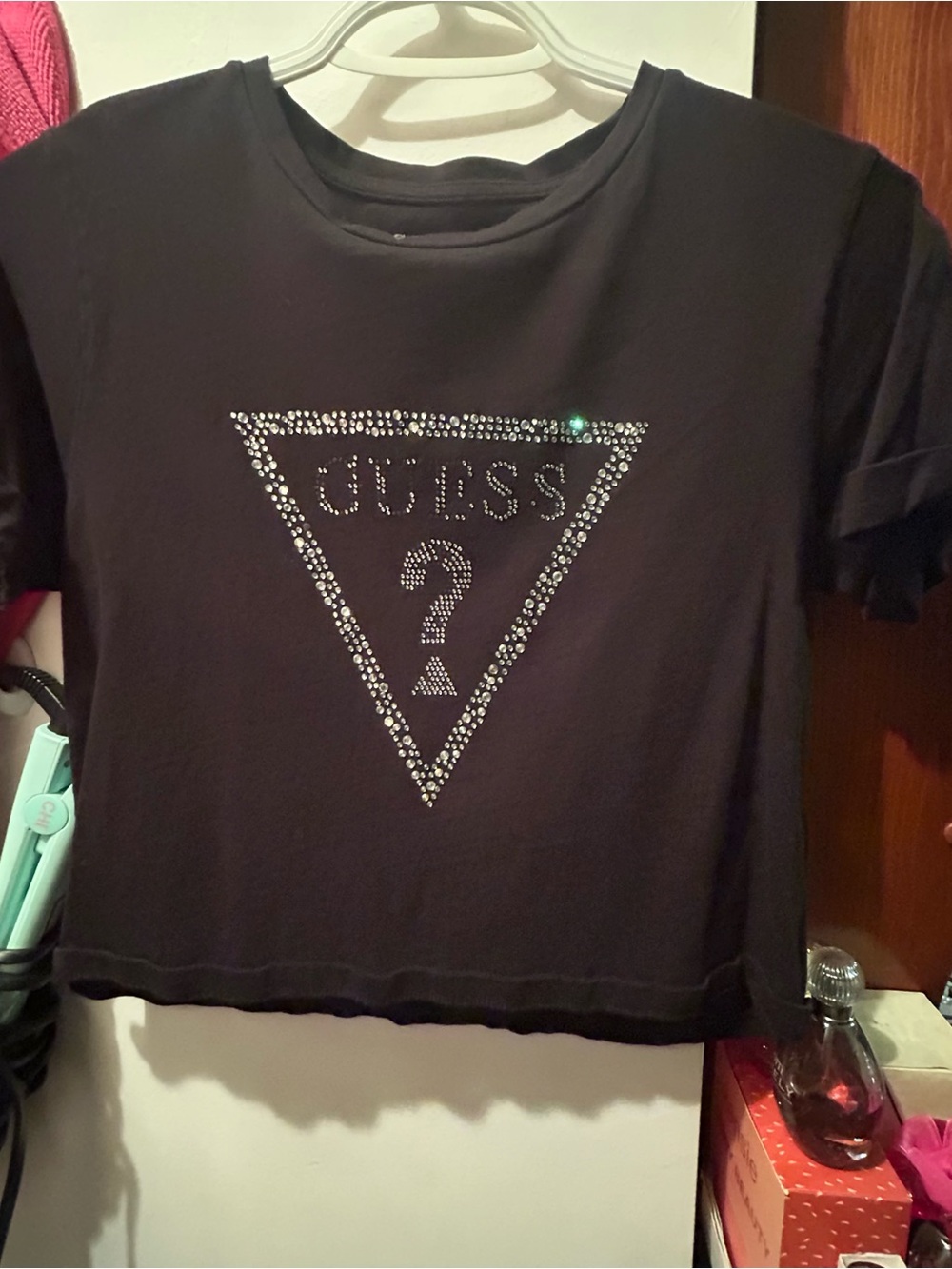 GUESS Black Rhinestone Triangle Logo Crop Top